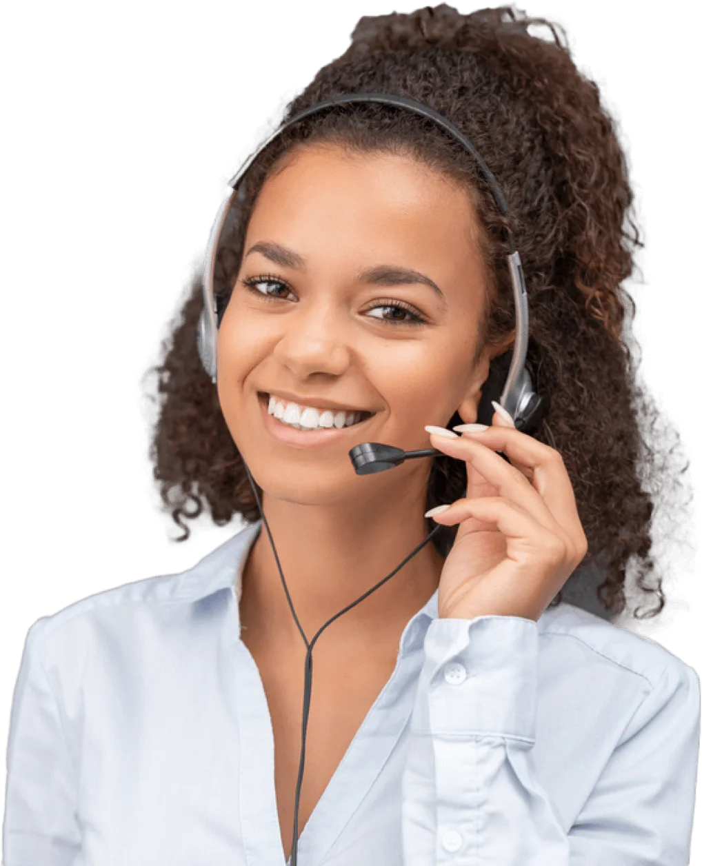 a smiling young woman holding microphone.